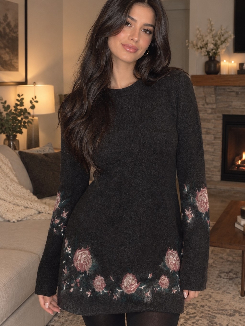 Club Monaco Black Floral-Trim Knit Sweater Dress Marino Wool size S